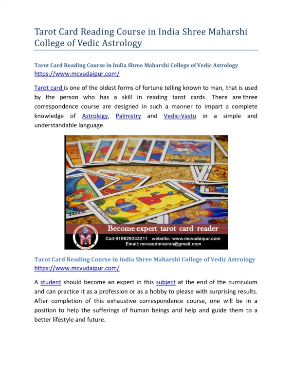 Tarot Card Reading Course in India Shree Maharshi College of Vedic Astrology