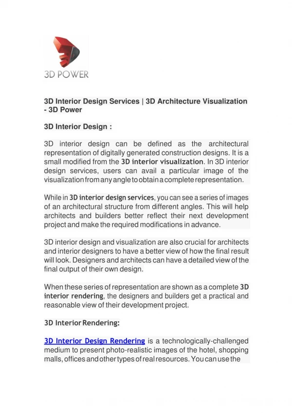 3D Interior Design Services | 3D Architecture Visualization - 3D Power