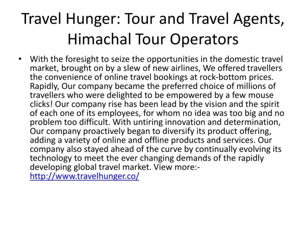 Travel Hunger: Tour and Travel Agents, Himachal Tour Operators