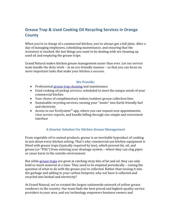 Grease Trap & Used Cooking Oil Recycling Services in Orange County