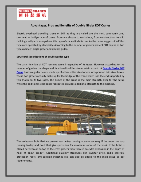 Advantages, Pros and Benefits of Double Girder EOT Cranes