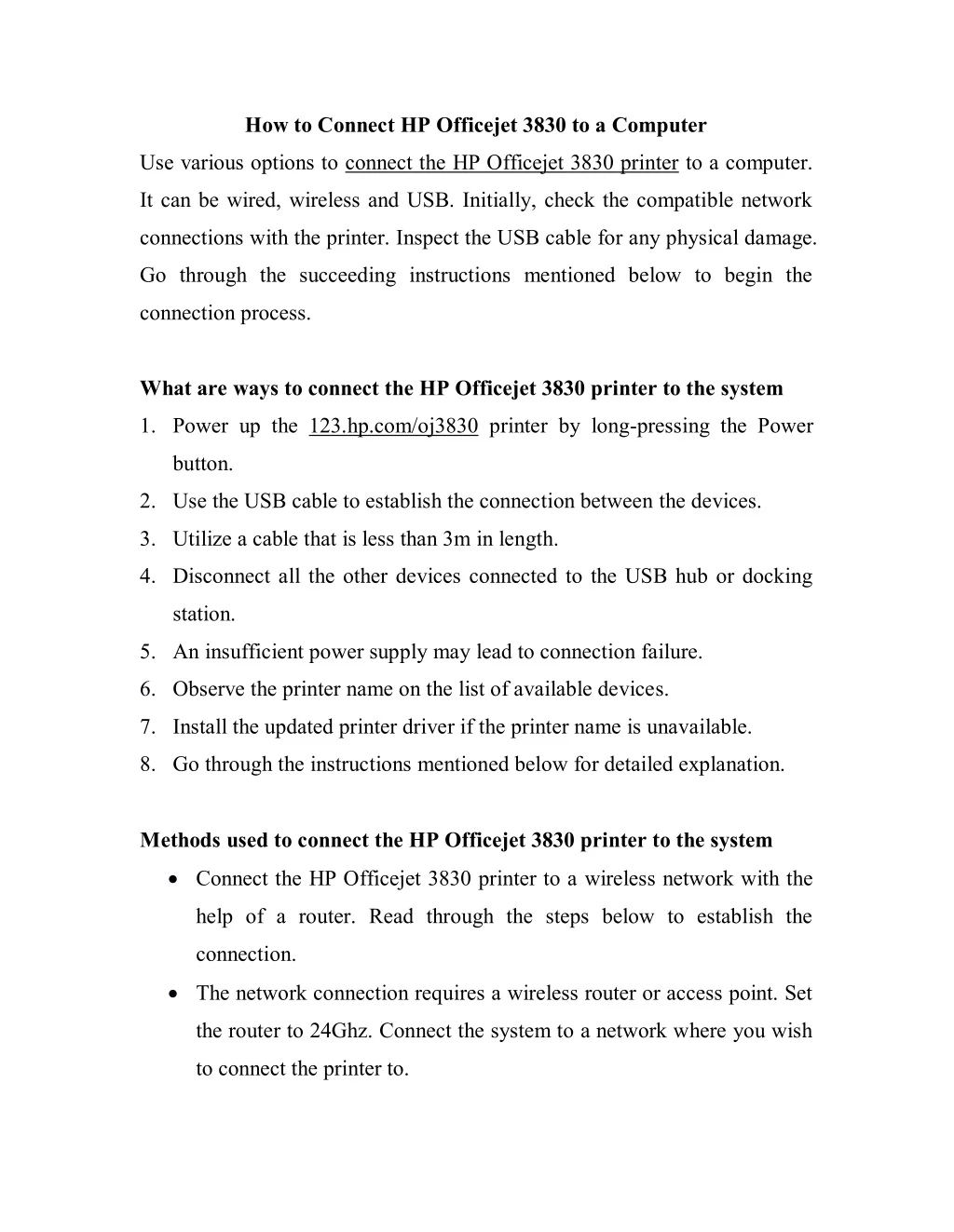 how to connect hp officejet 3830 to a computer