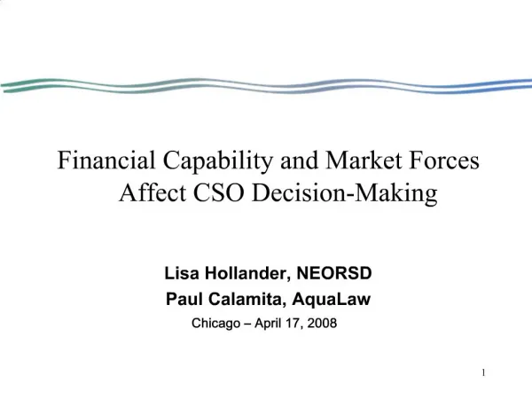 Financial Capability and Market Forces Affect CSO Decision-Making Lisa Hollander, NEORSD Paul Calamita, AquaLaw Chicag