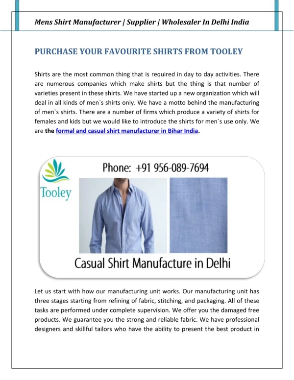 Cotton Shirt Manufacturer & Wholesaler In Delhi India
