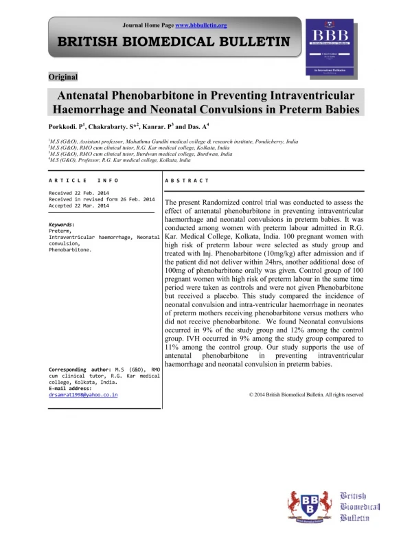 Antenatal Phenobarbitone in Preventing Intraventricular Haemorrhage and Neonatal Convulsions in Preterm Babies