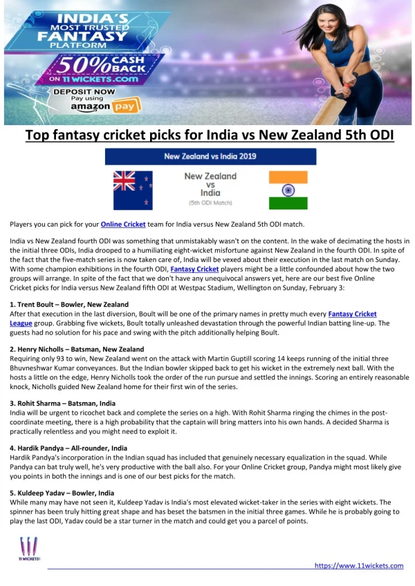 Top fantasy cricket picks for India vs New Zealand 5th ODI