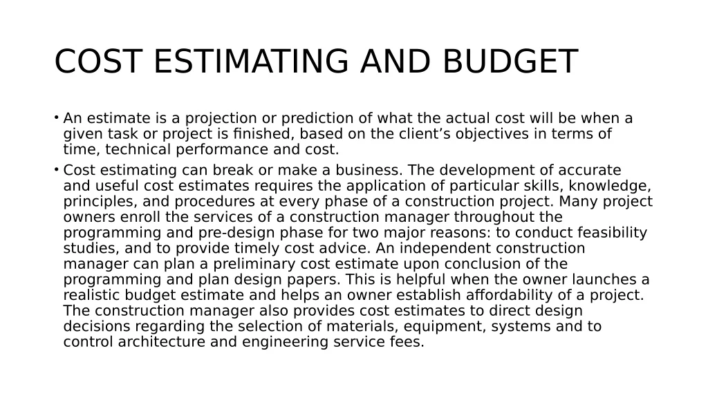 cost estimating and budget