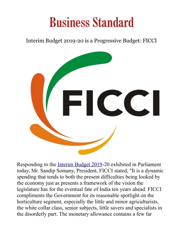 Interim Budget 2019-20 is a Progressive Budget: FICCI