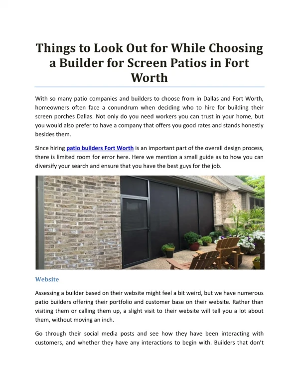 Things to Look Out for While Choosing a Builder for Screen Patios in Fort Worth