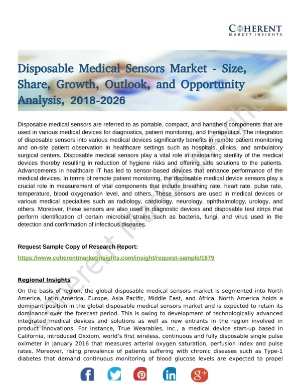 Disposable Medical Sensors Market - Global Industry Insights, Trends, Outlook, and Opportunity Analysis, 2018-2026