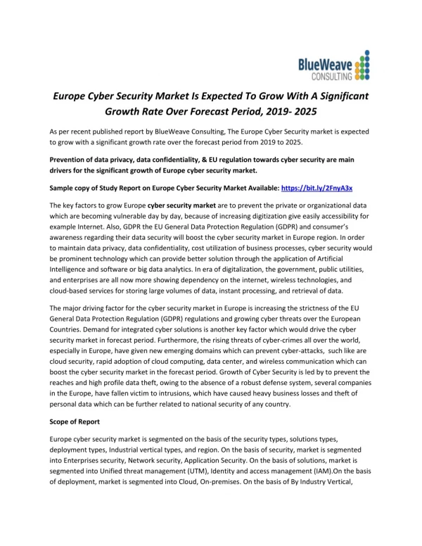 Europe Cyber Security Market Is Expected To Grow With A Significant Growth Rate Over Forecast Period, 2019- 2025