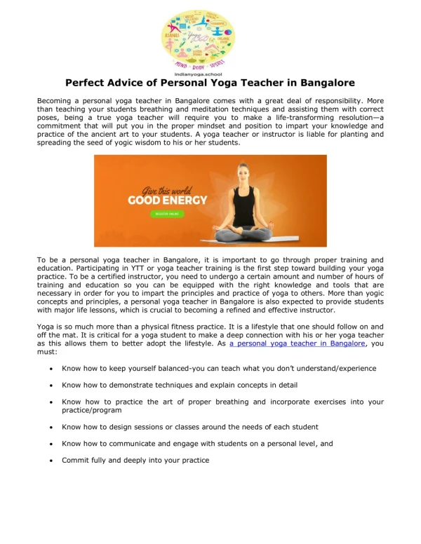 Perfect Advice of Personal Yoga Teacher in Bangalore