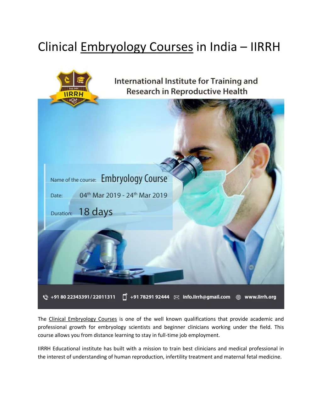 clinical embryology courses in india iirrh