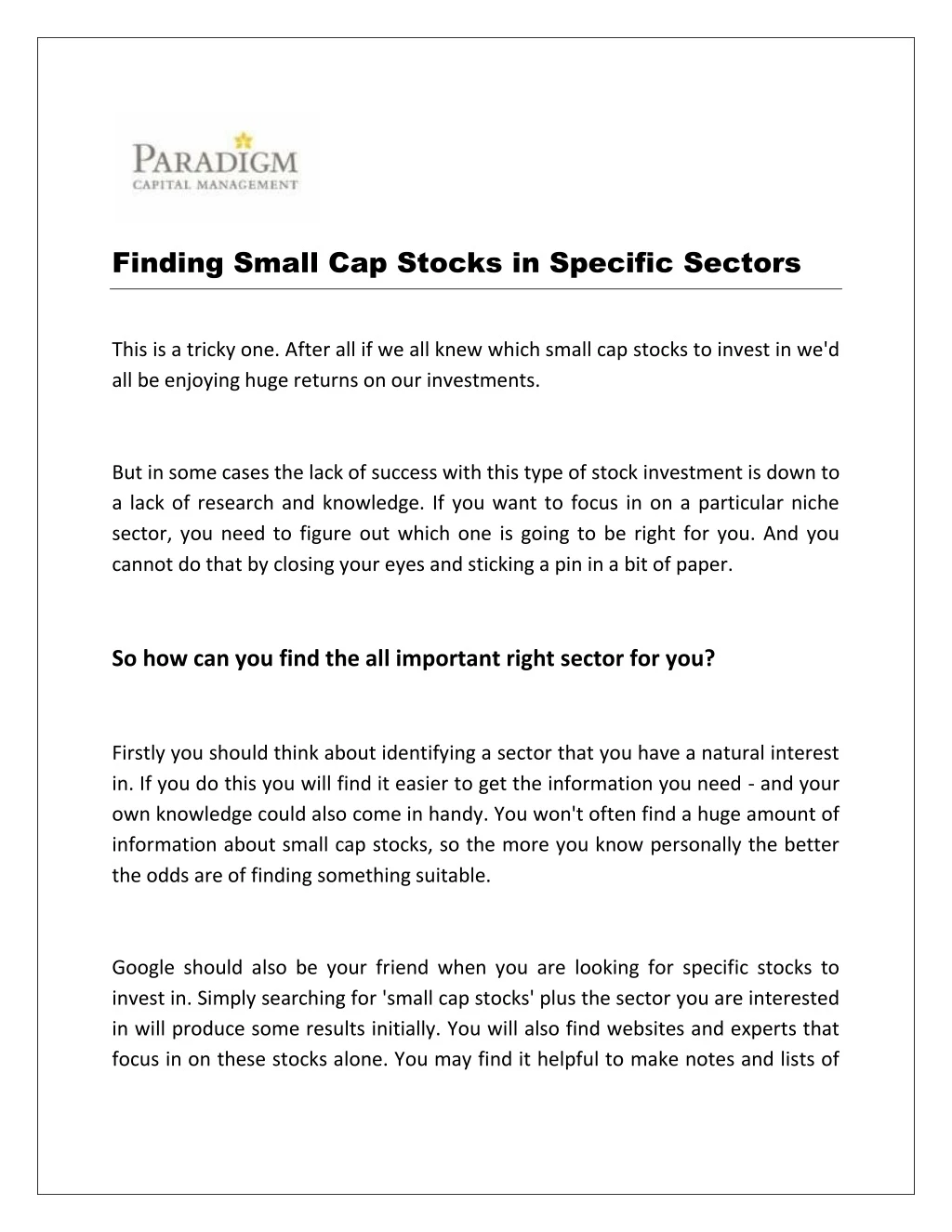 finding small cap stocks in specific sectors