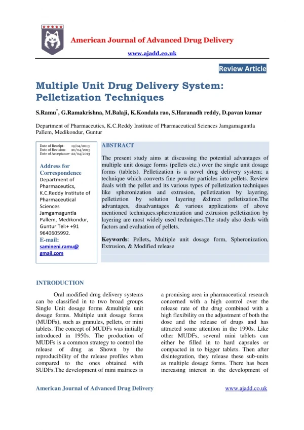 Multiple Unit Drug Delivery System: Pelletization Techniques