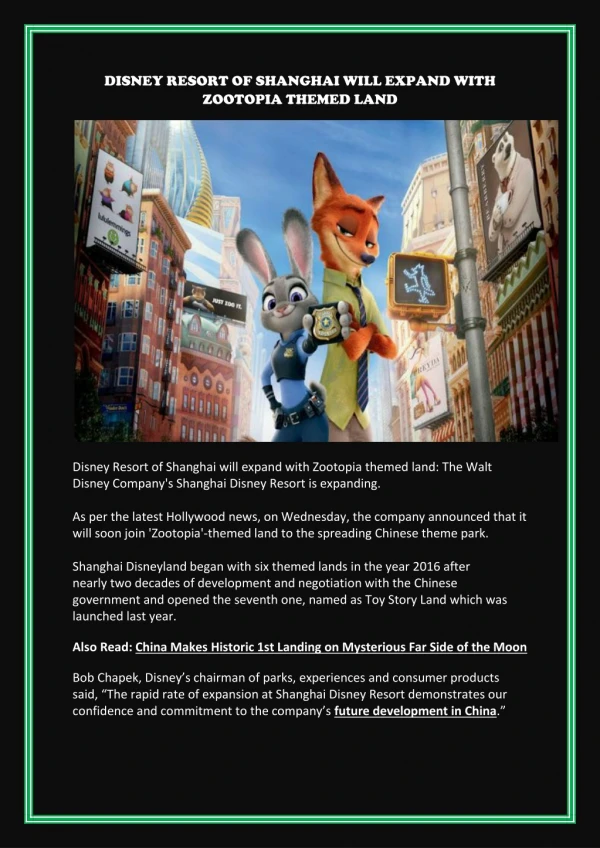 Disney Resort of Shanghai will expand with Zootopia themed land
