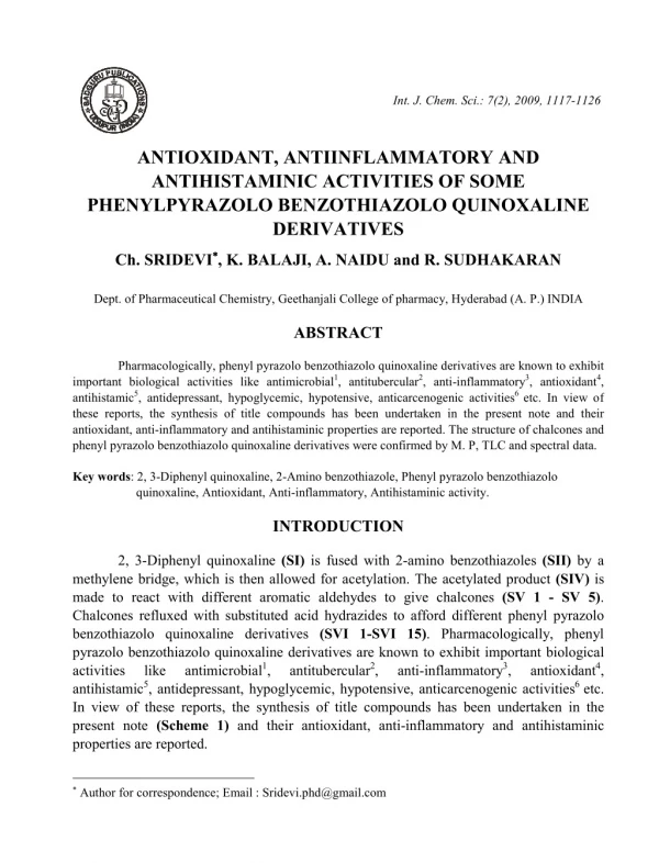 Antioxidant, Antiinflammatory and Antihistaminic Activities of Some Phenylpyrazolo Benzothiazolo Quinoxaline Derivatives