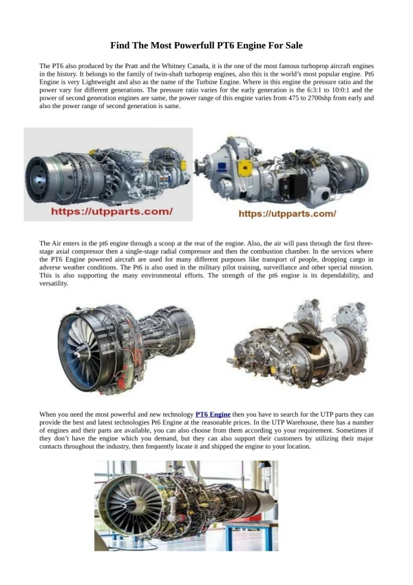 Get the Flexible and Powerful PT6 Engine For Sale