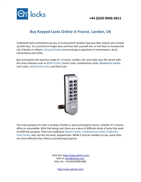 Keypad Locks in France,London,UK.