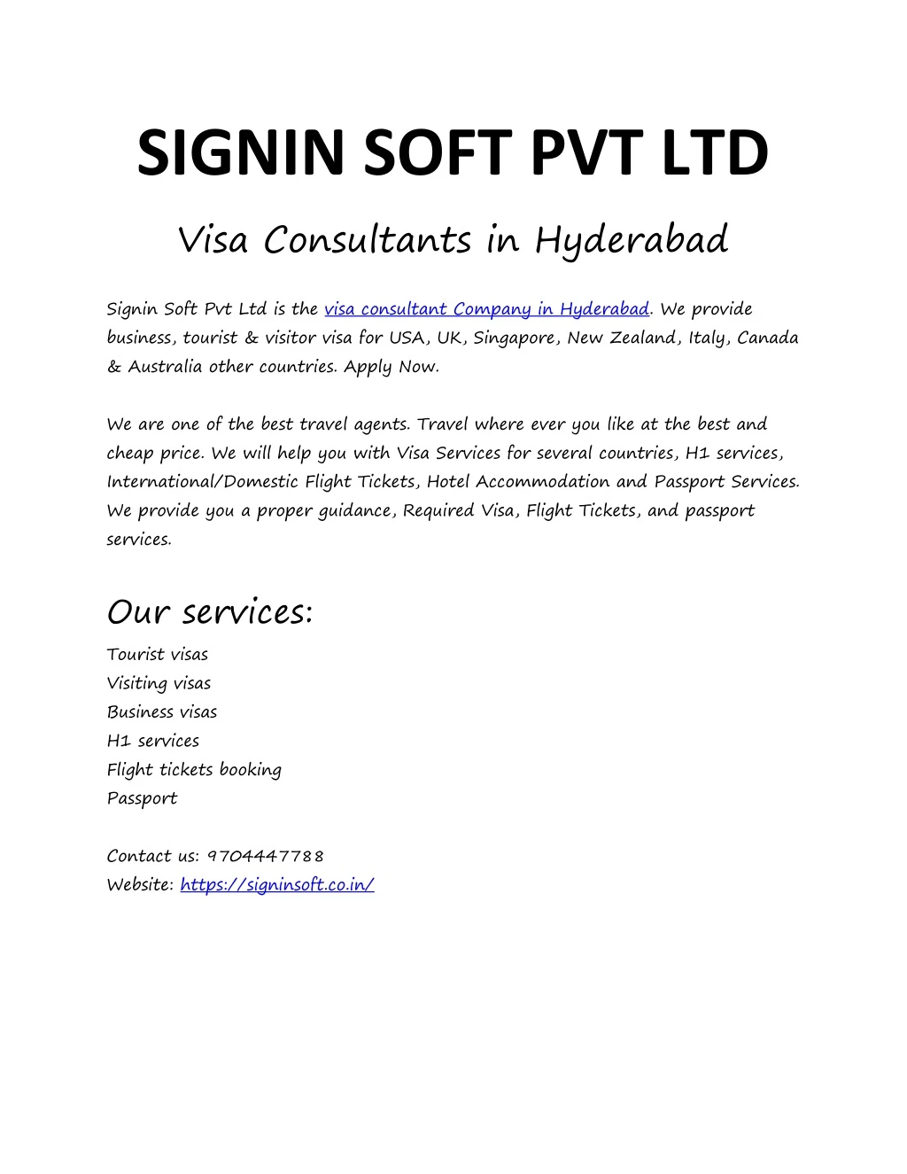 signin soft pvt ltd visa consultants in hyderabad