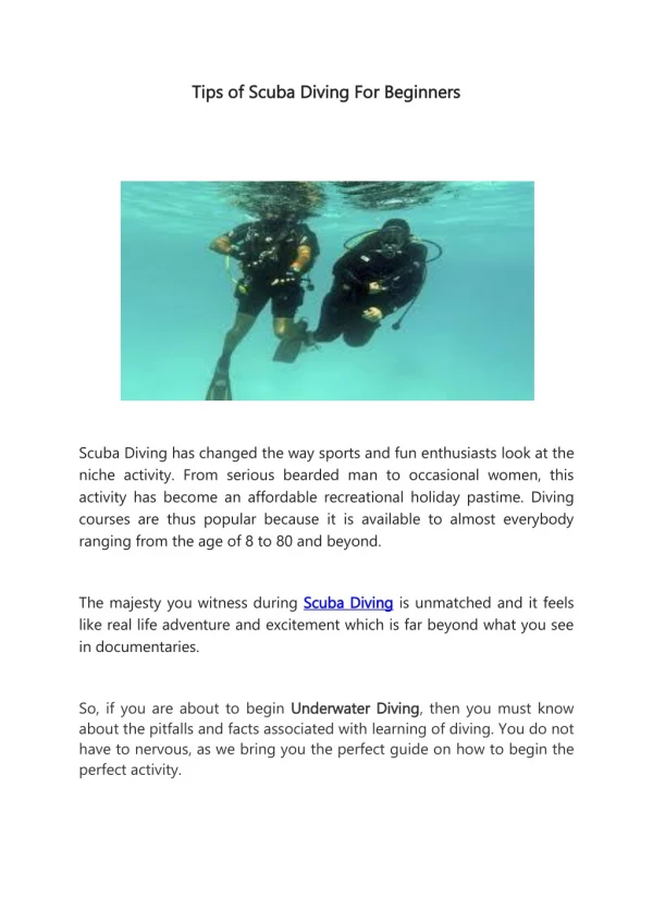 Tips of Scuba Diving For Beginners