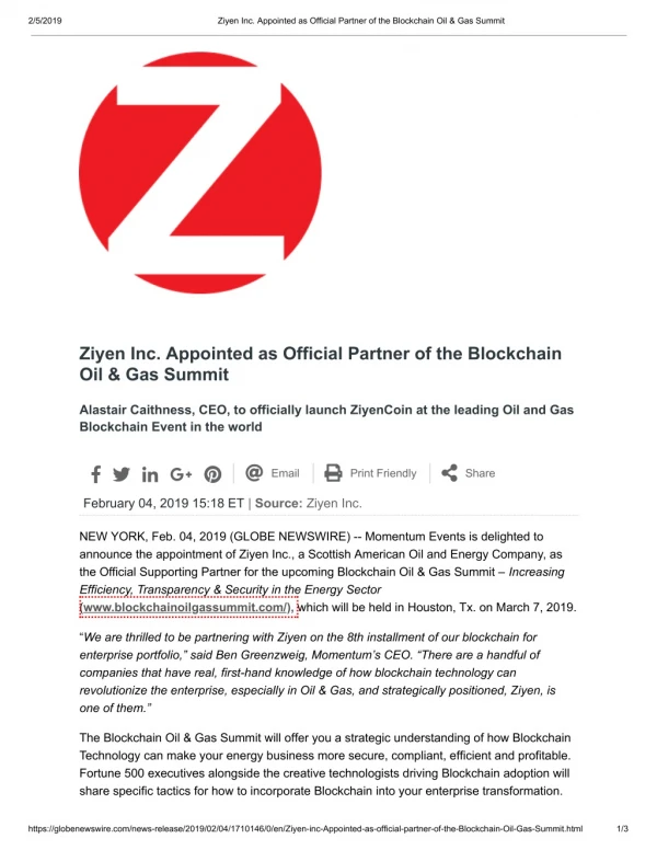 Ziyen Inc. Appointed as Official Partner of the Blockchain Oil & Gas Summit