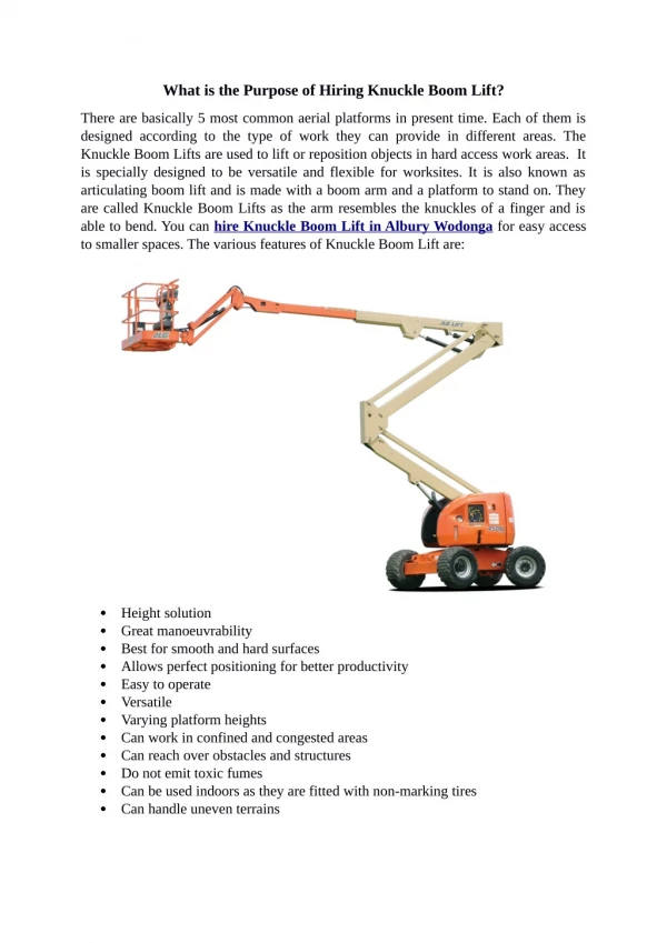 What is the purpose of hiring Knuckle Boom Lift?