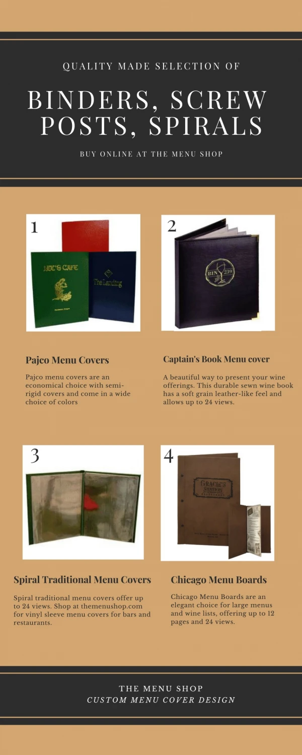 Quality made selection of binder, screw post and spiral menu covers.