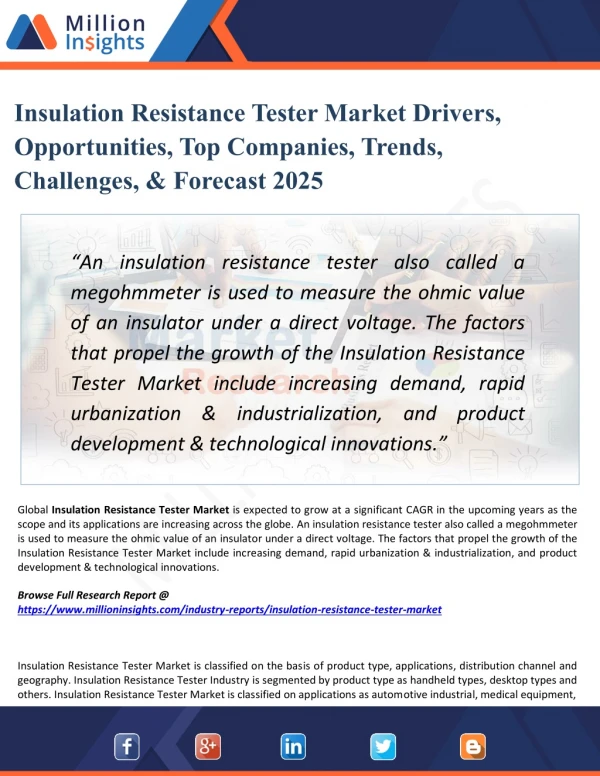 Insulation Resistance Tester Market Segmentation and Geographical Segmentation by value 2018 and 2025