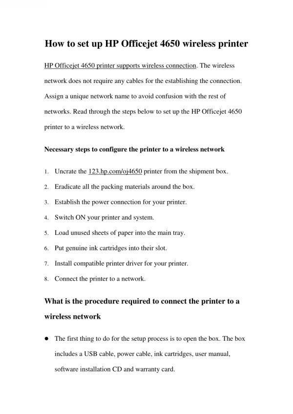 How to setup hp officejet 4650 wireless printer