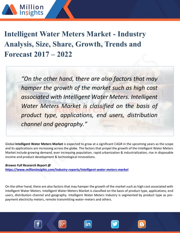 Intelligent Water Meters Market - Industry Insights, Trends, Outlook, and Opportunity Analysis, 2022