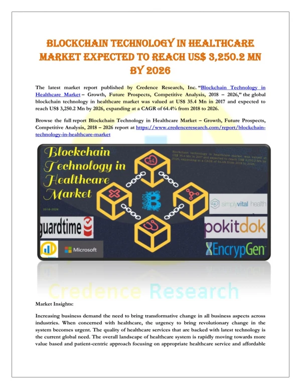 Blockchain Technology in Healthcare Market Expected to Reach US$ 3,250.2 Mn by 2026