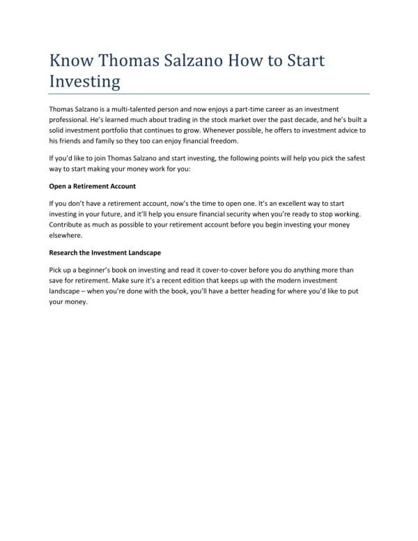 Know Thomas Salzano How to Start Investing