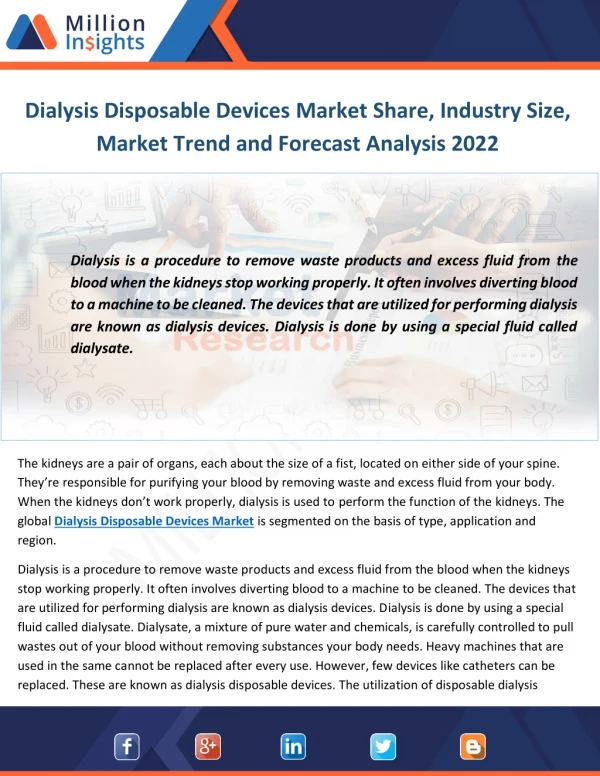 Dialysis Disposable Devices Market Share, Industry Size, Market Trend and Forecast Analysis 2022