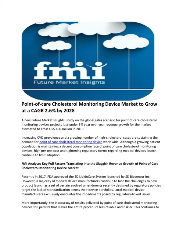 Point-of-care Cholesterol Monitoring Device Market to Grow at a CAGR 2.6% by 2028