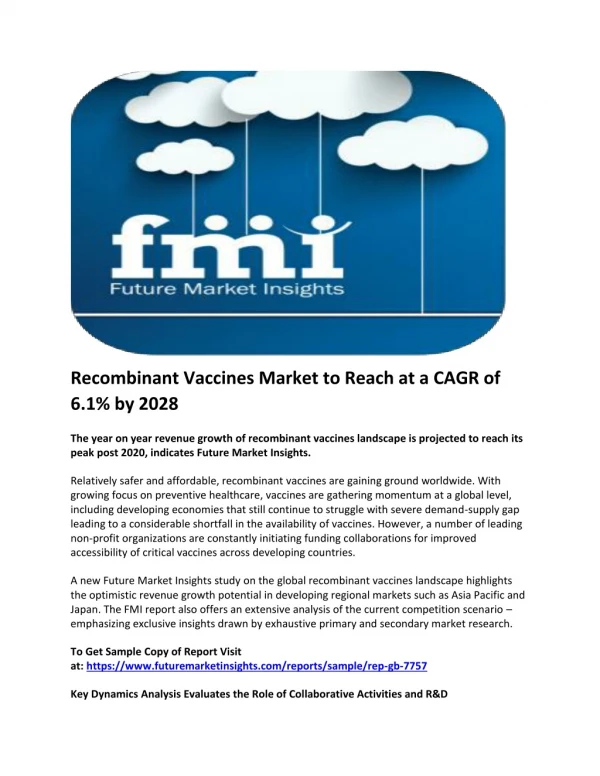 Recombinant Vaccines Market to Reach at a CAGR of 6.1% by 2028