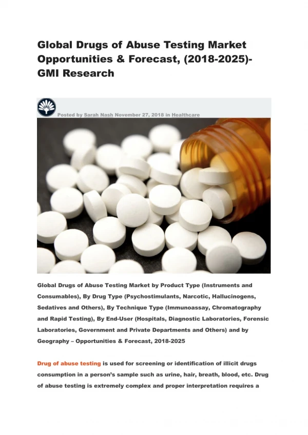 Global Drugs of Abuse Testing Market Opportunities & Forecast, (2018-2025)-GMI Research