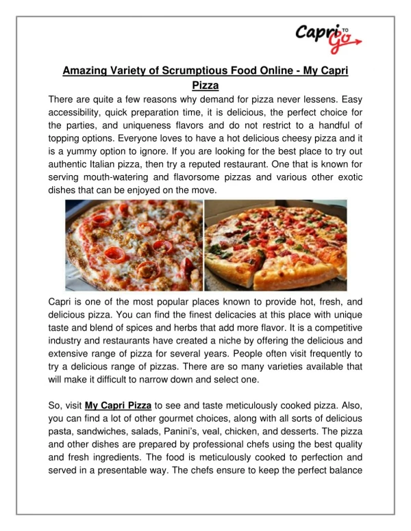 Amazing Variety of Scrumptious Food Online - My Capri Pizza