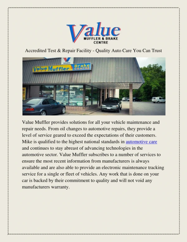Auto Servicing, Repair Shop in Niagara Falls - Value Muffler Brake Centre