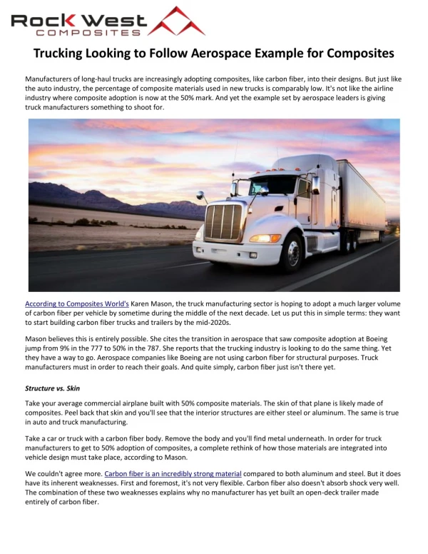 Trucking Looking to Follow Aerospace Example for Composites
