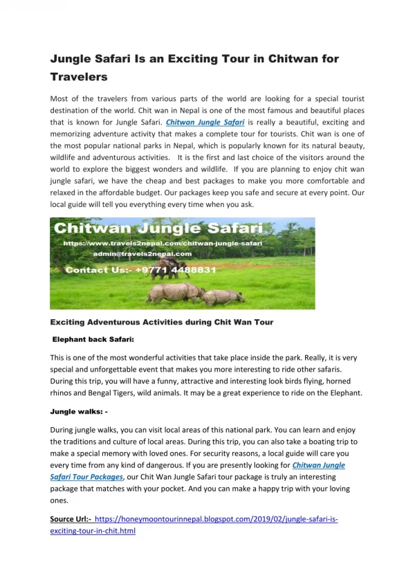 Jungle Safari Is an Exciting Tour in Chitwan for Travelers