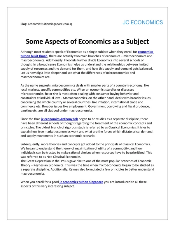 Some Aspects of Economics as a Subject