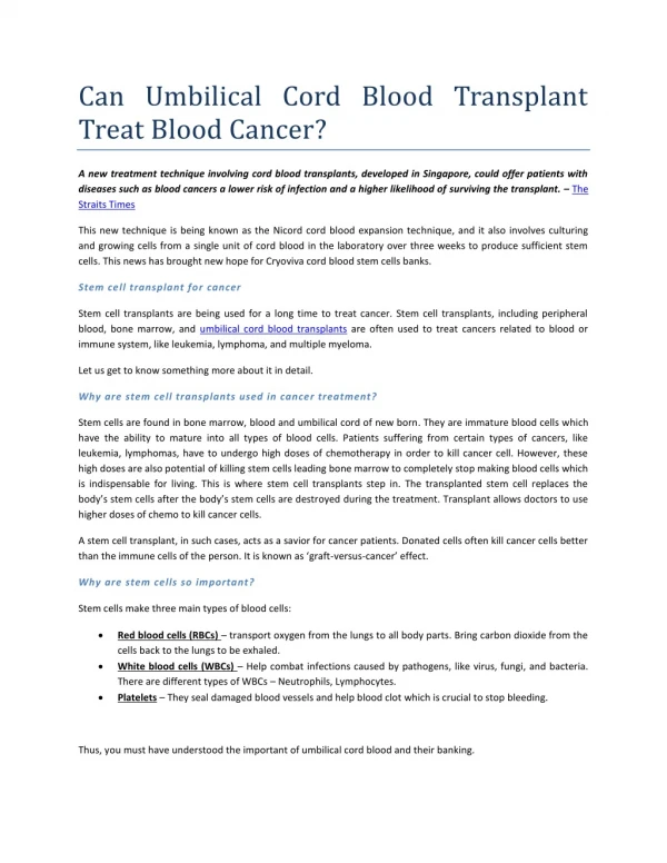 Can Umbilical Cord Blood Transplant Treat Blood Cancer?