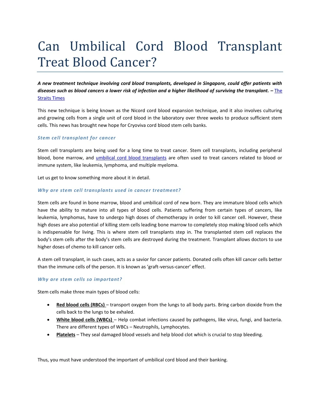 can umbilical cord blood transplant treat blood