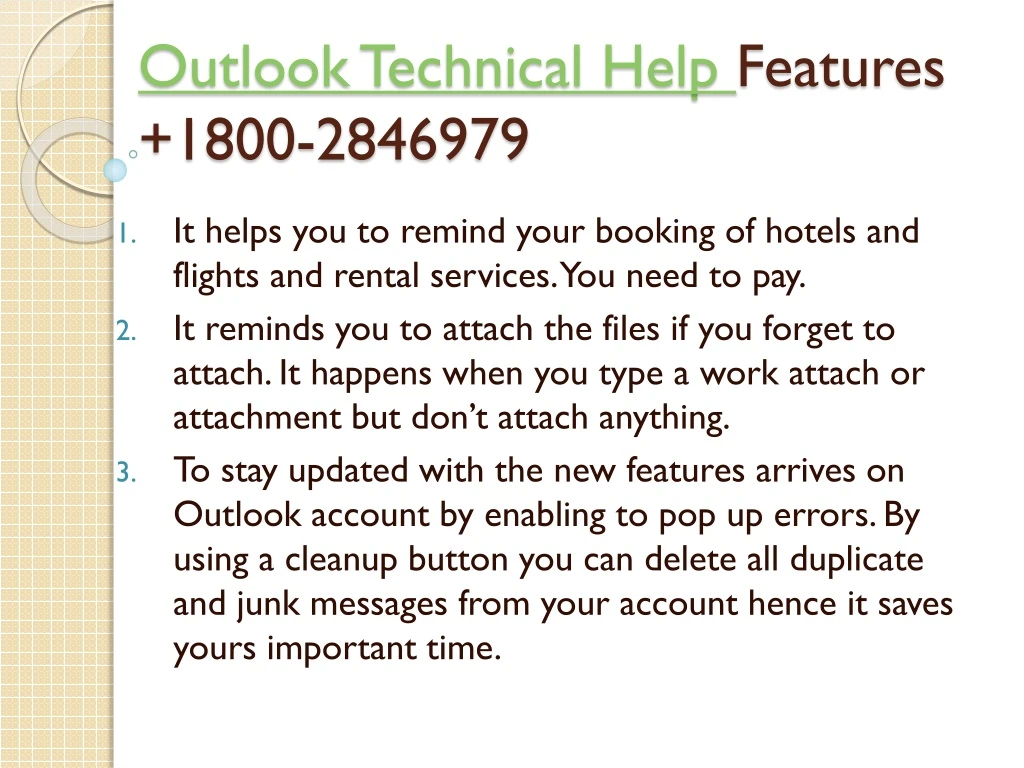 outlook technical help features 1800 2846979