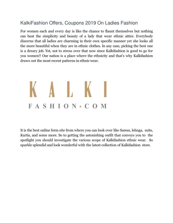 KalkiFashion Offers, Coupons 2019→ Upto 60% OFF On Ladies Fashion