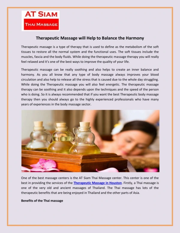 Therapeutic Massage will Help to Balance the Harmony