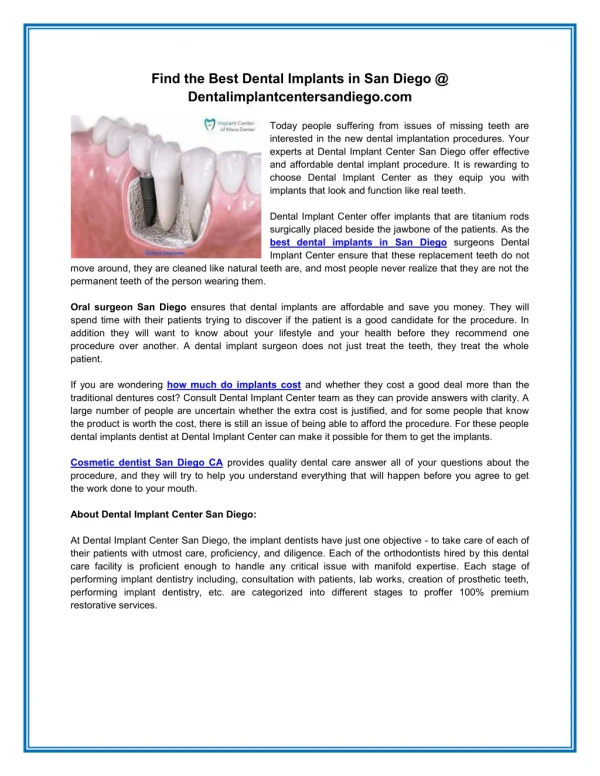 Find the Best Dental Implants in San Diego @ Dentalimplantcentersandiego.com