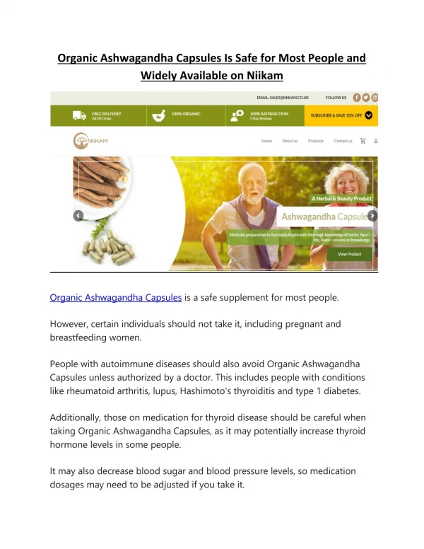 Organic Ashwagandha Capsules Is Safe for Most People and Widely Available on Niikam