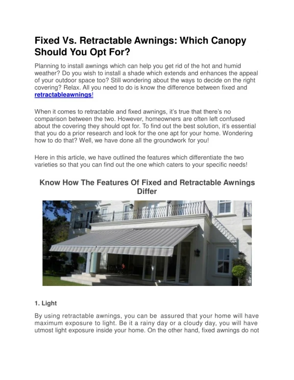 Fixed Vs. Retractable Awnings: Which Canopy Should You Opt For?